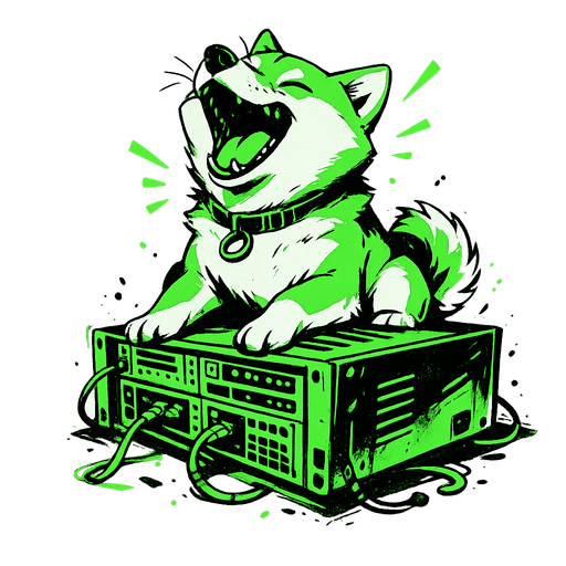 Borkville dog mascot above a server rack